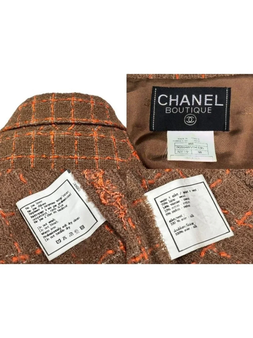 Chanel Tweed Tailored Jacket Single CC Logo Brown Orange 38